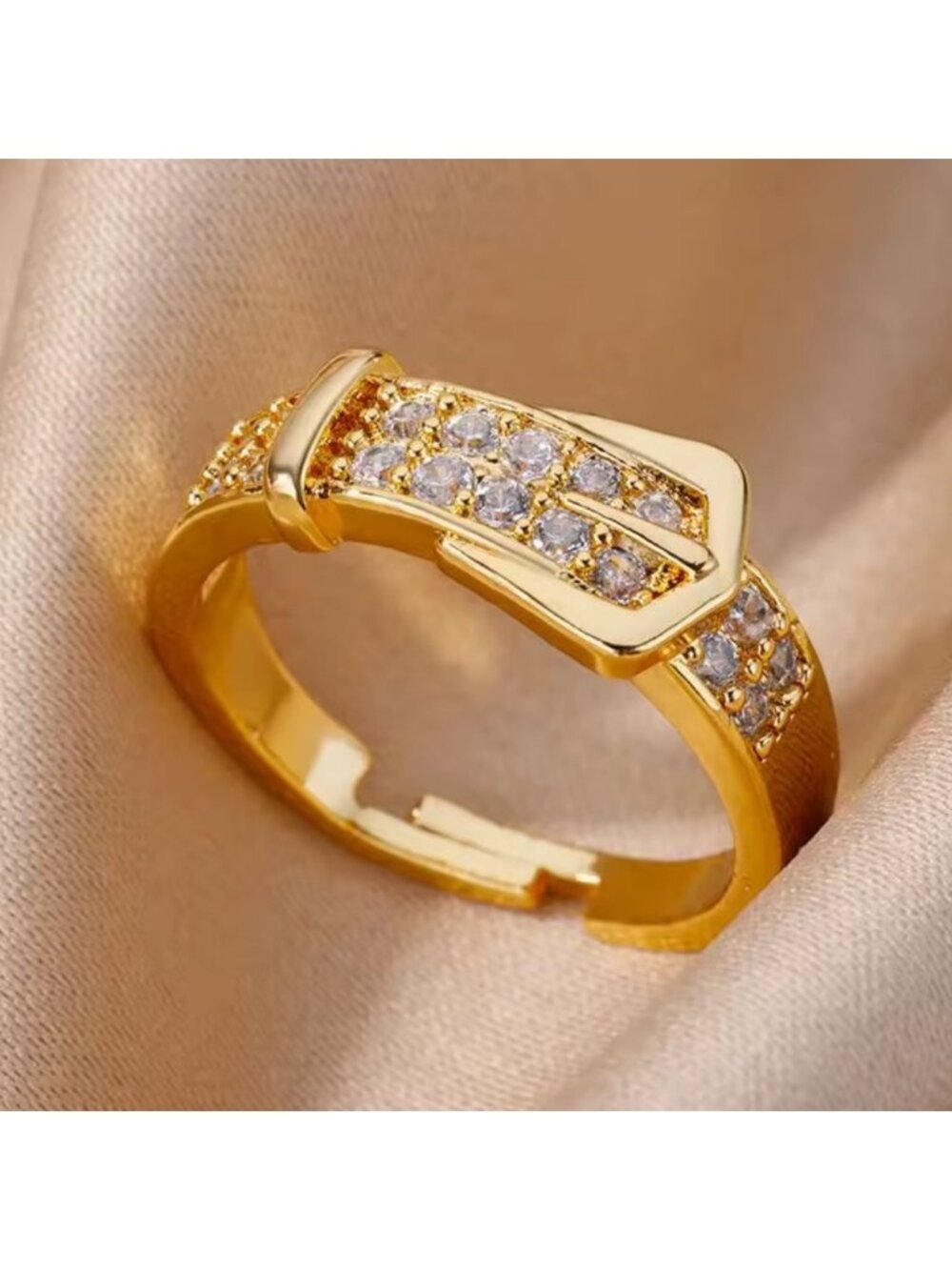 Adjustable Gold Buckle Ring with Sparkling Accents - Picture 2 of 2